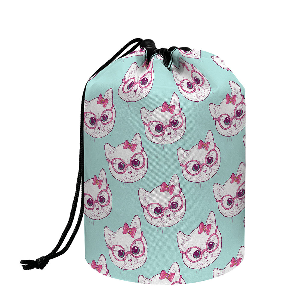 Girly Cat With Glasses Pattern Print Drawstring Makeup Bag