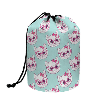 Girly Cat With Glasses Pattern Print Drawstring Makeup Bag