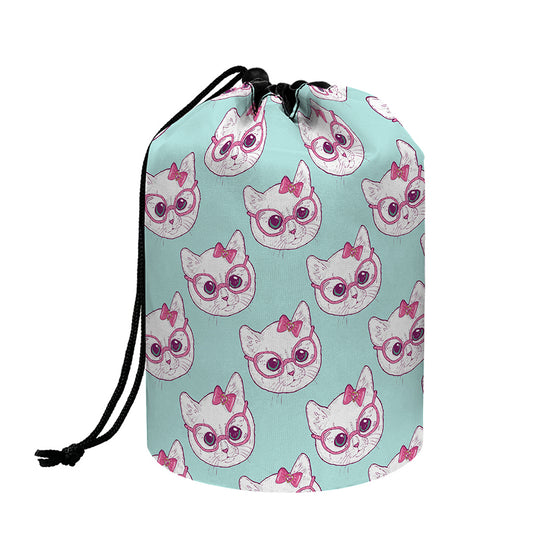 Girly Cat With Glasses Pattern Print Drawstring Makeup Bag