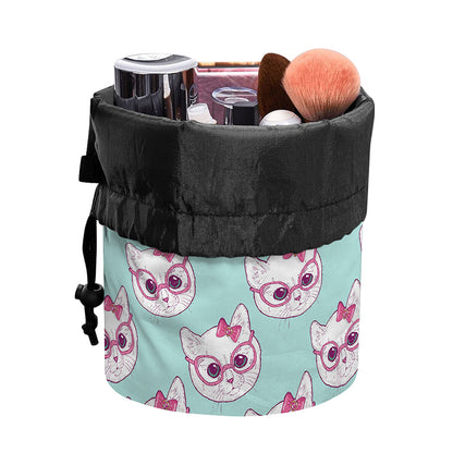 Girly Cat With Glasses Pattern Print Drawstring Makeup Bag
