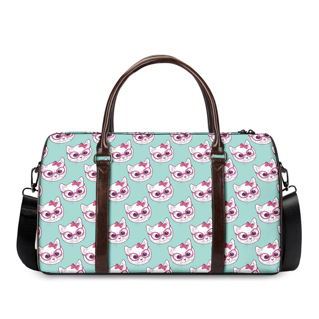 Girly Cat With Glasses Pattern Print Duffle Bag