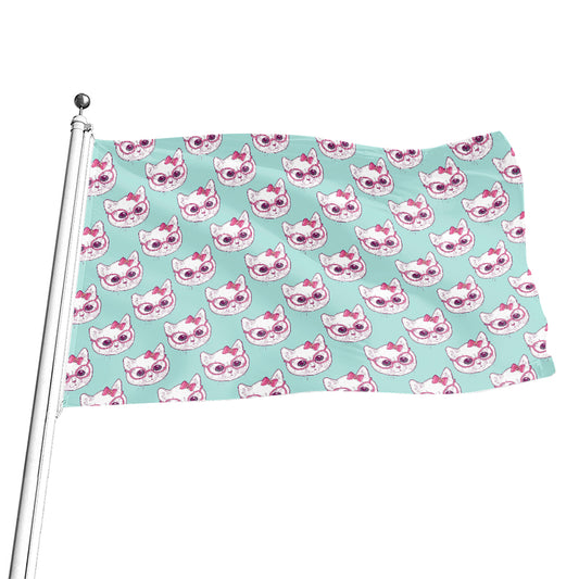 Girly Cat With Glasses Pattern Print Flag