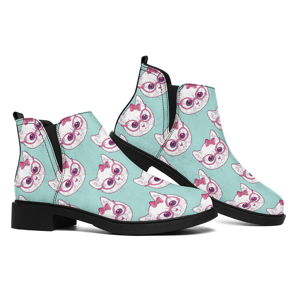 Girly Cat With Glasses Pattern Print Flat Ankle Boots