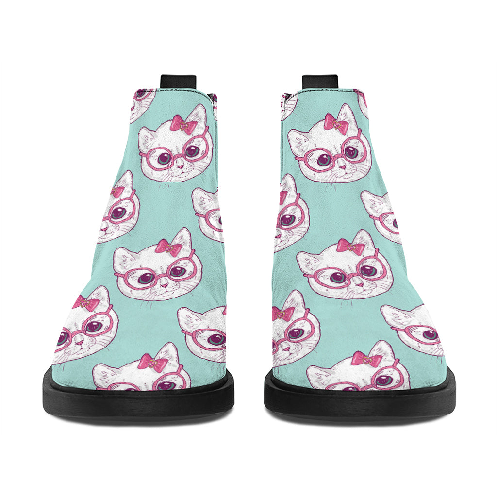 Girly Cat With Glasses Pattern Print Flat Ankle Boots