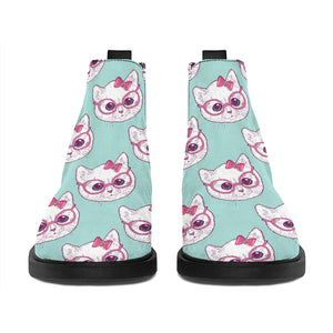 Girly Cat With Glasses Pattern Print Flat Ankle Boots