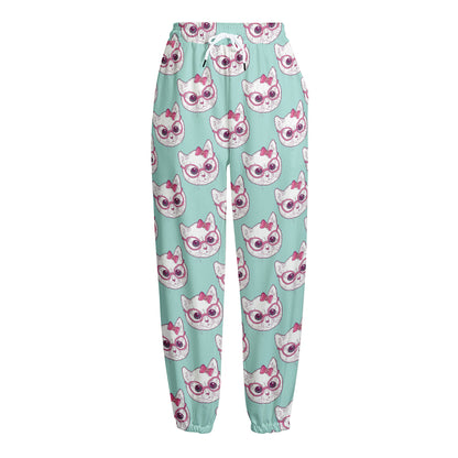 Girly Cat With Glasses Pattern Print Fleece Lined Knit Pants