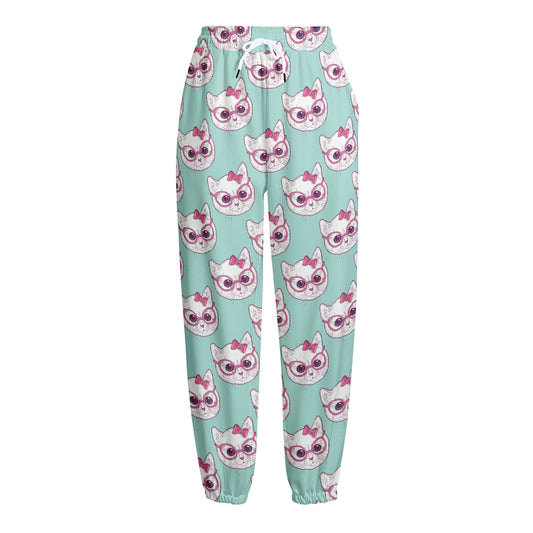 Girly Cat With Glasses Pattern Print Fleece Lined Knit Pants