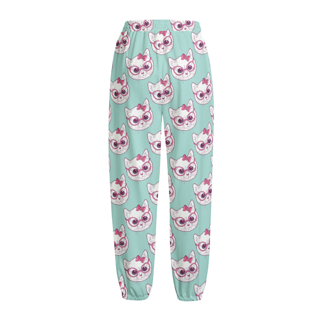 Girly Cat With Glasses Pattern Print Fleece Lined Knit Pants
