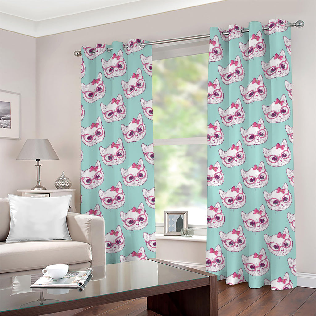 Girly Cat With Glasses Pattern Print Grommet Curtains