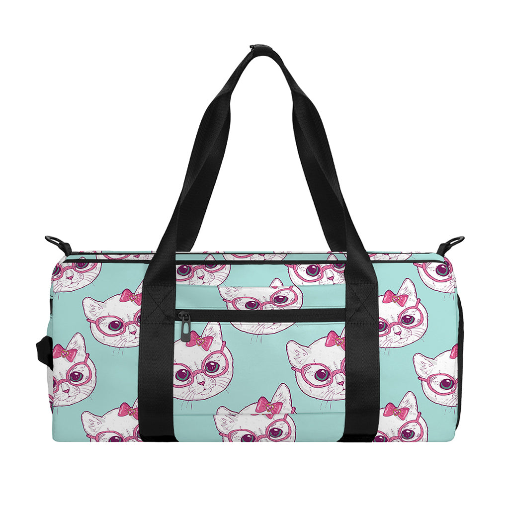 Girly Cat With Glasses Pattern Print Gym Bag