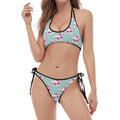 Girly Cat With Glasses Pattern Print Halter Scoop Tie Side Bikini