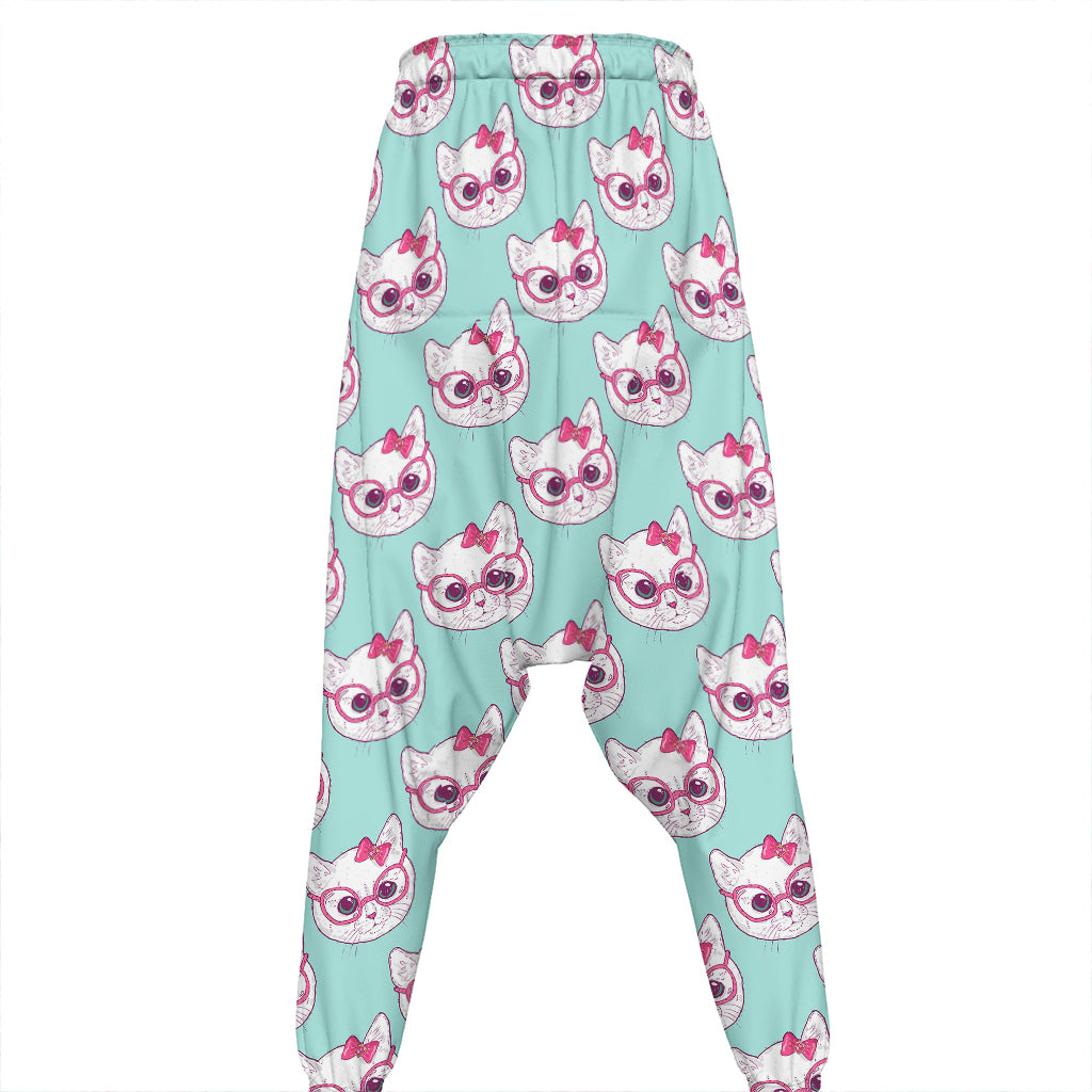 Girly Cat With Glasses Pattern Print Hammer Pants