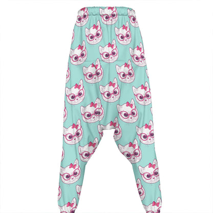 Girly Cat With Glasses Pattern Print Hammer Pants