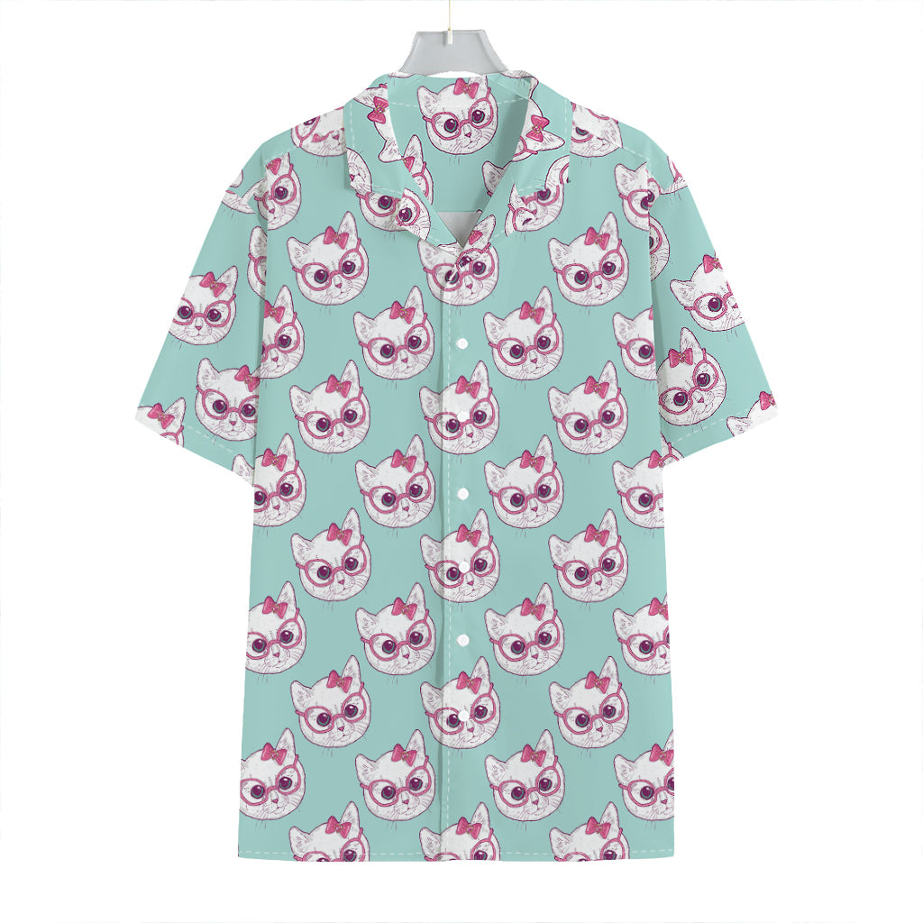 Girly Cat With Glasses Pattern Print Hawaiian Shirt
