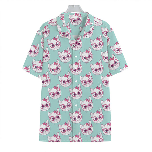 Girly Cat With Glasses Pattern Print Hawaiian Shirt