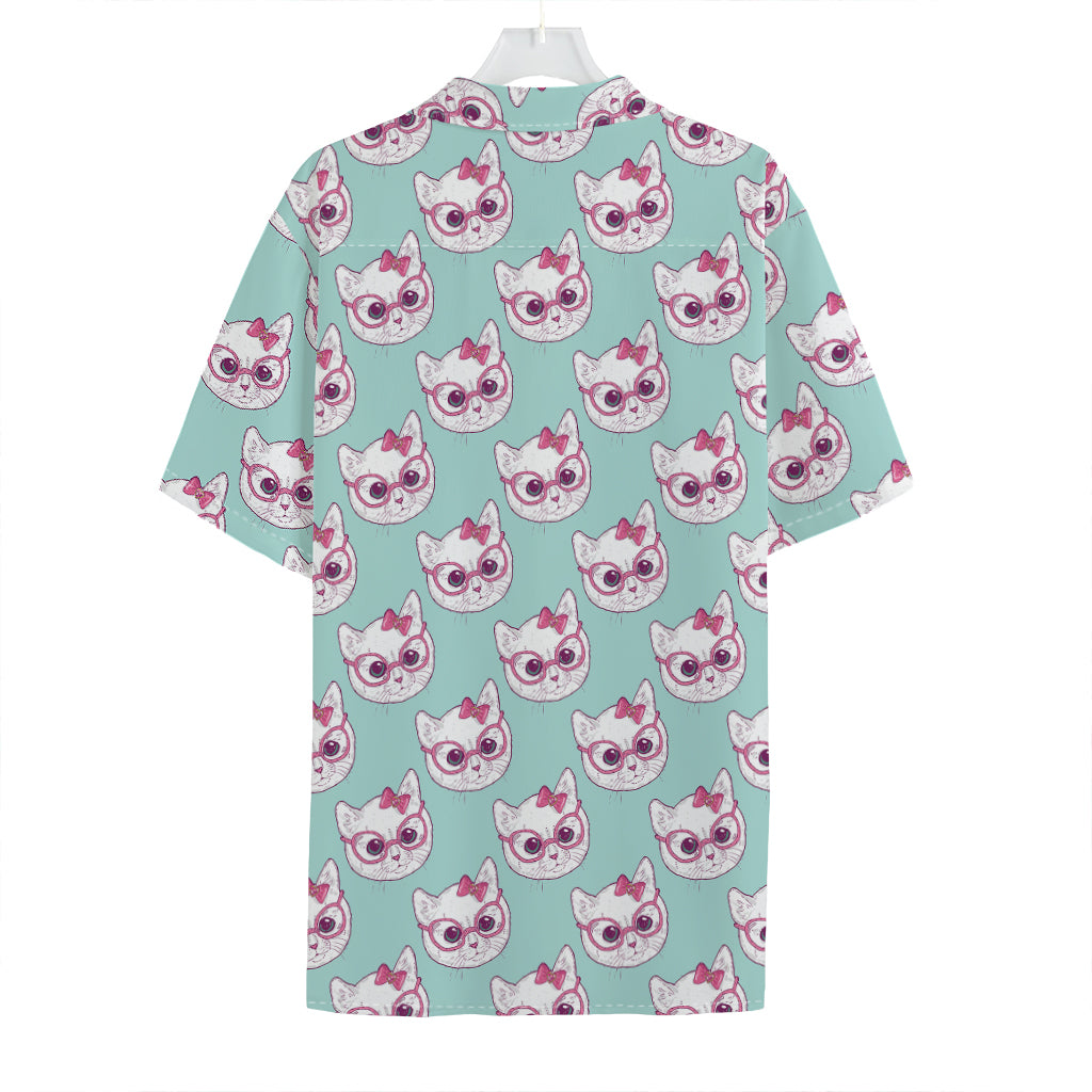 Girly Cat With Glasses Pattern Print Hawaiian Shirt