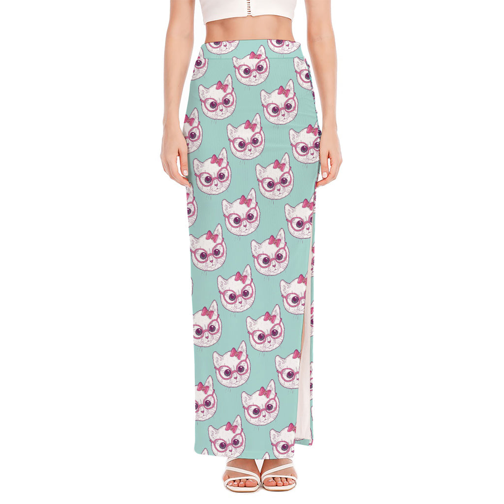 Girly Cat With Glasses Pattern Print High Slit Maxi Skirt