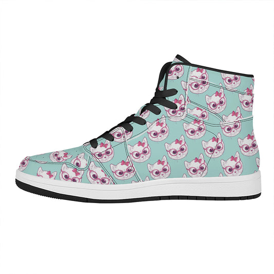 Girly Cat With Glasses Pattern Print High Top Leather Sneakers
