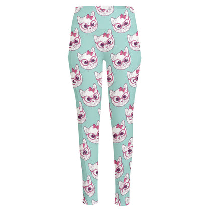 Girly Cat With Glasses Pattern Print High-Waisted Pocket Leggings