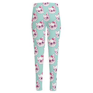 Girly Cat With Glasses Pattern Print High-Waisted Pocket Leggings