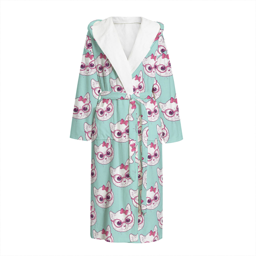 Girly Cat With Glasses Pattern Print Hooded Bathrobe