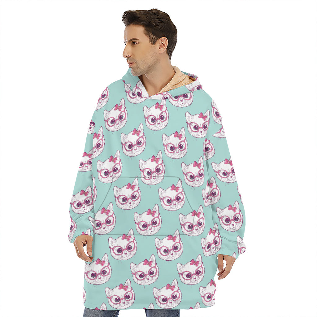 Girly Cat With Glasses Pattern Print Hoodie Blanket