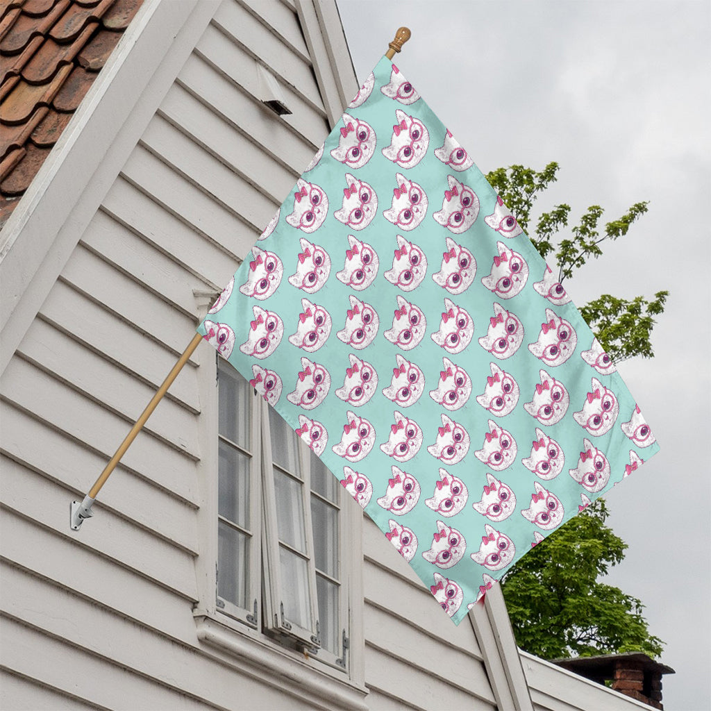 Girly Cat With Glasses Pattern Print House Flag