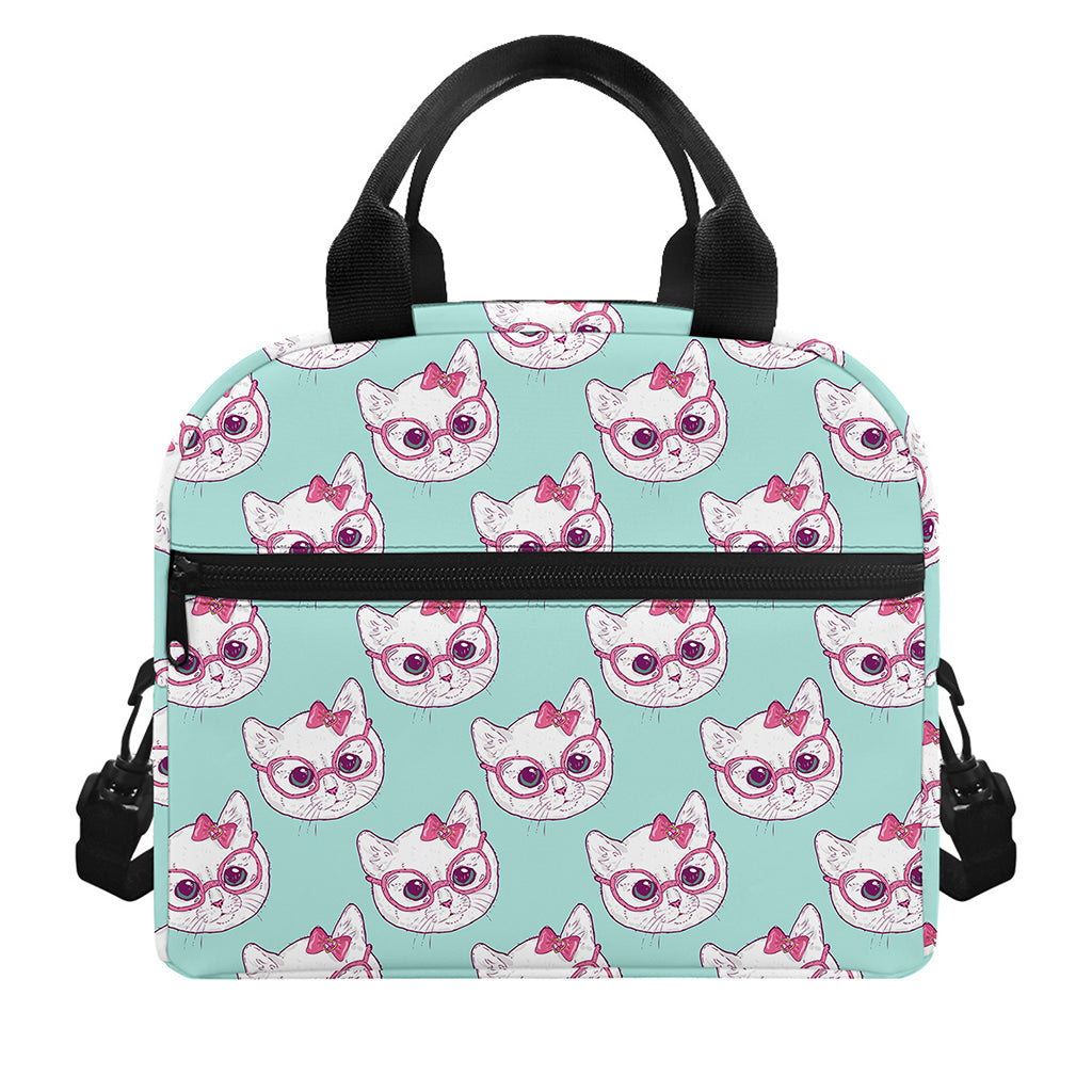 Girly Cat With Glasses Pattern Print Insulated Lunch Bag
