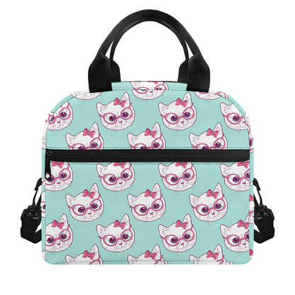 Girly Cat With Glasses Pattern Print Insulated Lunch Bag