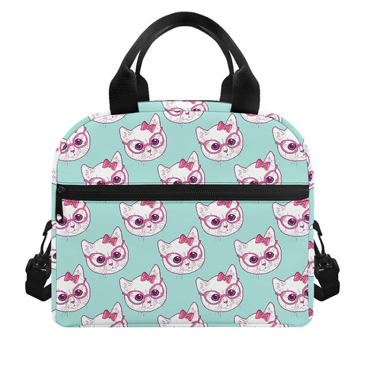 Girly Cat With Glasses Pattern Print Insulated Lunch Bag