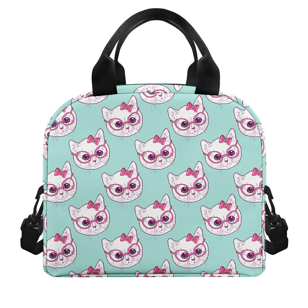 Girly Cat With Glasses Pattern Print Insulated Lunch Bag