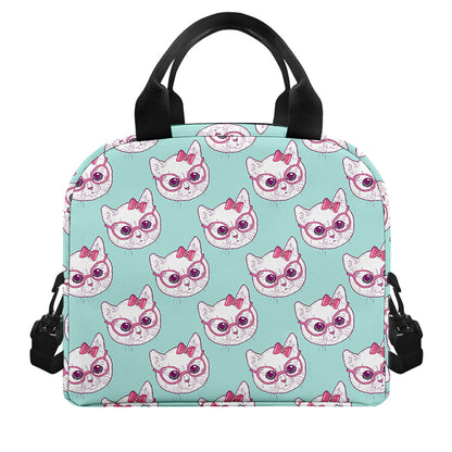 Girly Cat With Glasses Pattern Print Insulated Lunch Bag