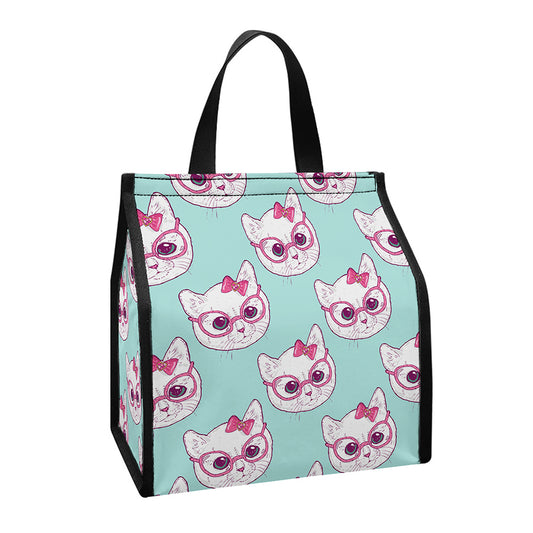 Girly Cat With Glasses Pattern Print Insulated Lunch Tote