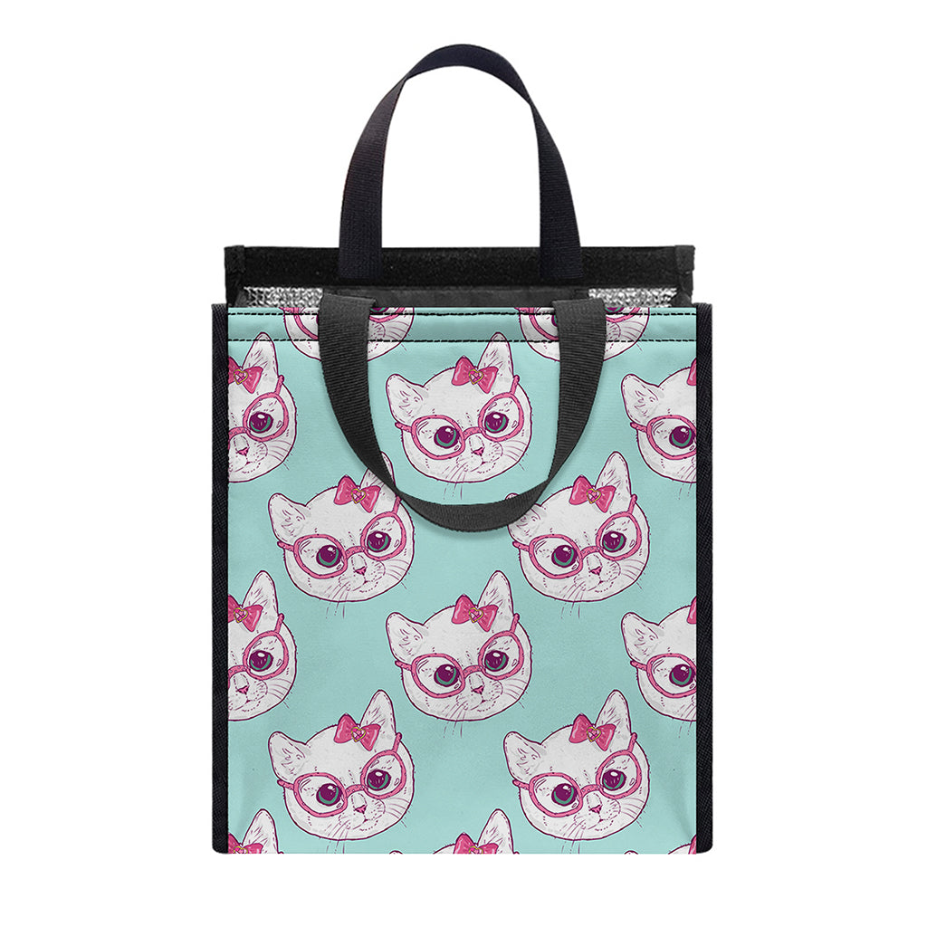 Girly Cat With Glasses Pattern Print Insulated Lunch Tote