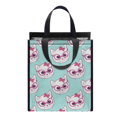 Girly Cat With Glasses Pattern Print Insulated Lunch Tote