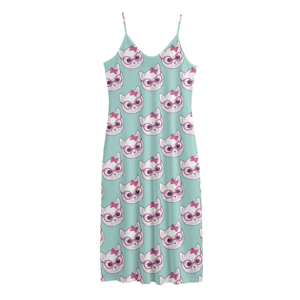 Girly Cat With Glasses Pattern Print Jersey Midi Cami Dress