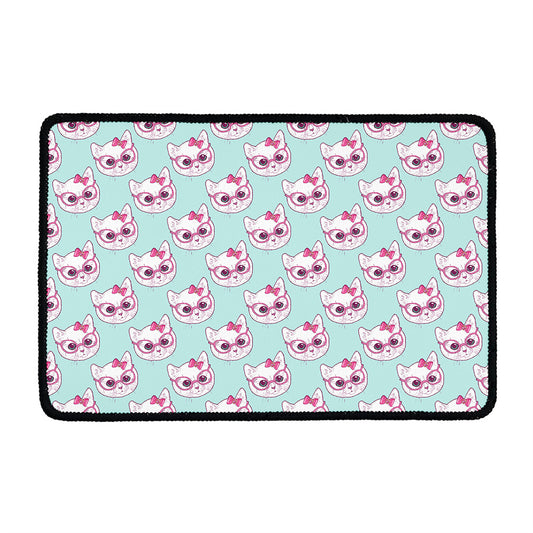 Girly Cat With Glasses Pattern Print Kitchen Mat