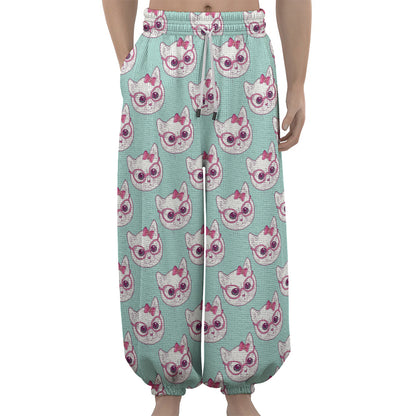 Girly Cat With Glasses Pattern Print Lantern Pants