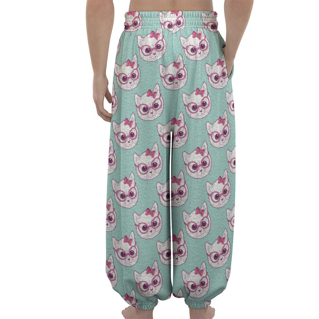 Girly Cat With Glasses Pattern Print Lantern Pants