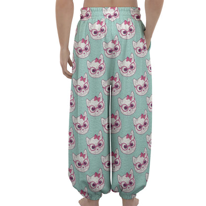 Girly Cat With Glasses Pattern Print Lantern Pants