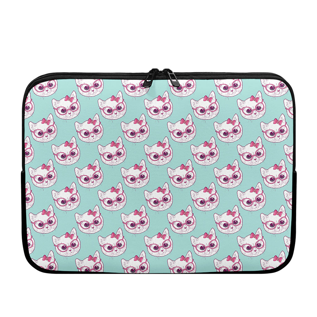 Girly Cat With Glasses Pattern Print Laptop Sleeve