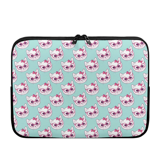 Girly Cat With Glasses Pattern Print Laptop Sleeve