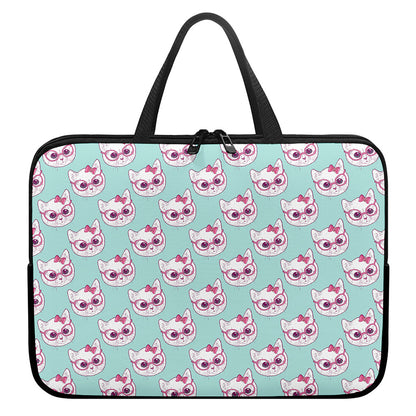 Girly Cat With Glasses Pattern Print Laptop Sleeve With Handle