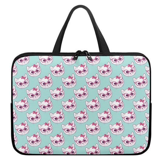 Girly Cat With Glasses Pattern Print Laptop Sleeve With Handle