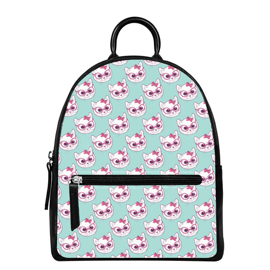 Girly Cat With Glasses Pattern Print Leather Backpack