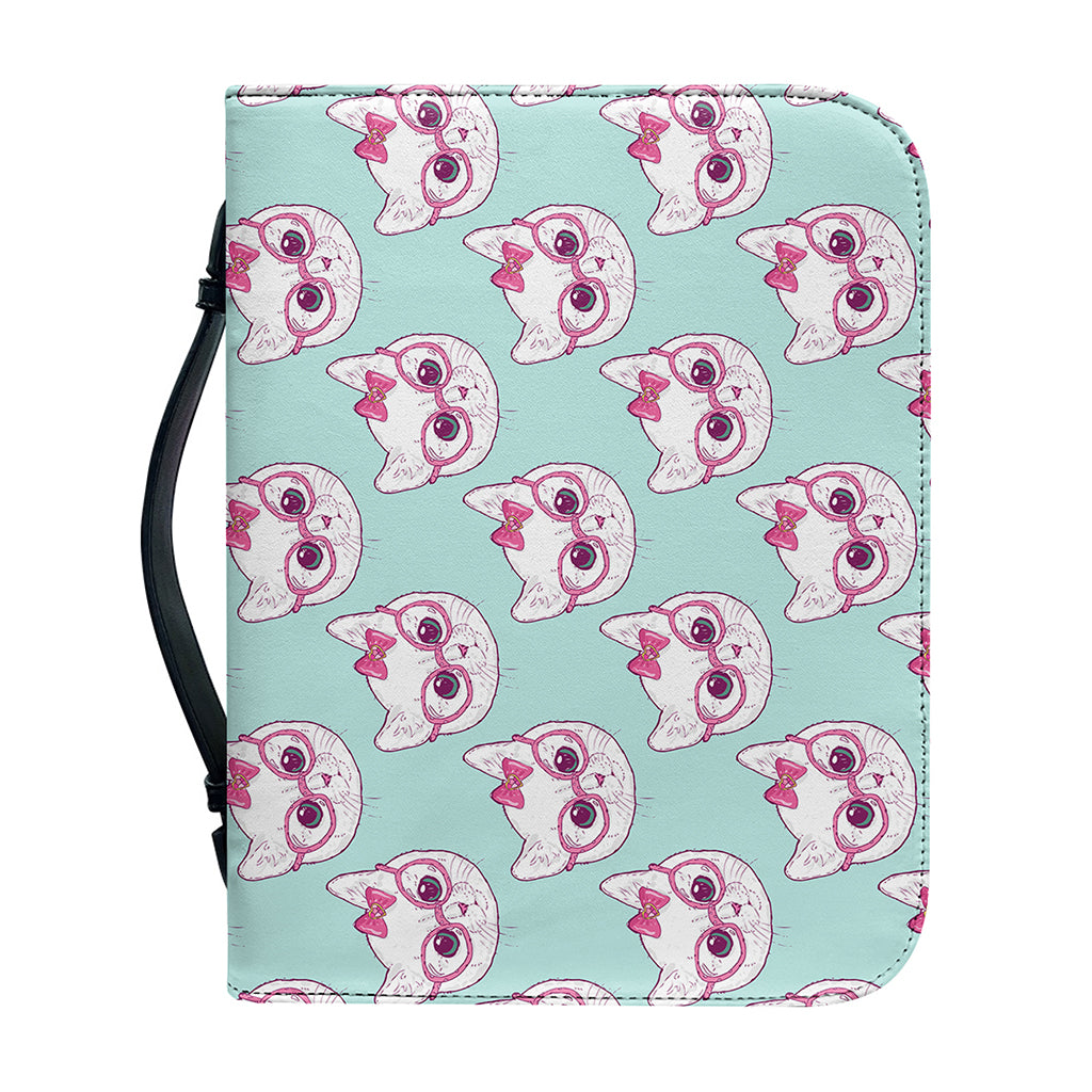Girly Cat With Glasses Pattern Print Leather Bible Cover