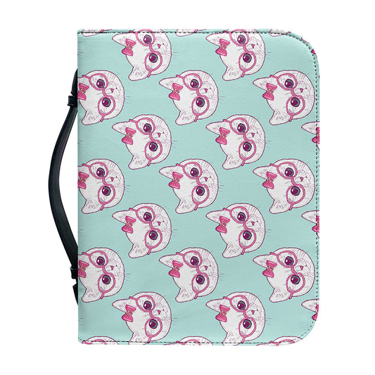 Girly Cat With Glasses Pattern Print Leather Bible Cover