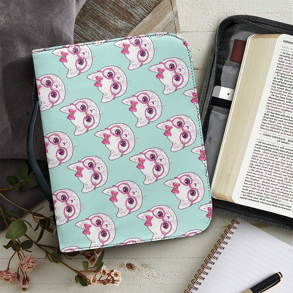 Girly Cat With Glasses Pattern Print Leather Bible Cover