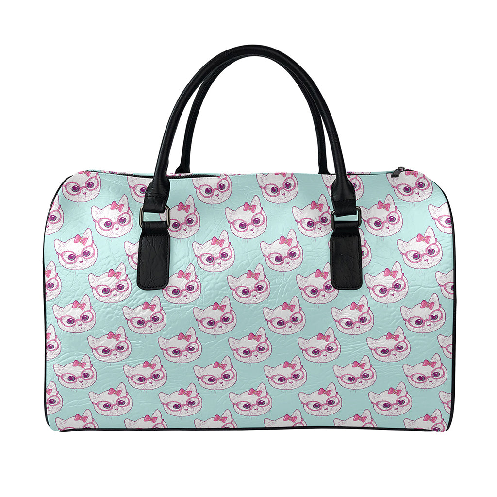 Girly Cat With Glasses Pattern Print Leather Duffle Bag