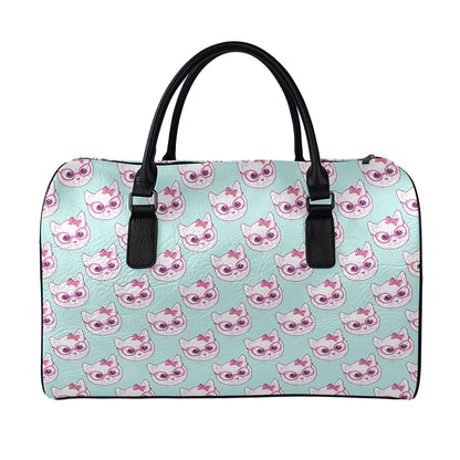 Girly Cat With Glasses Pattern Print Leather Duffle Bag